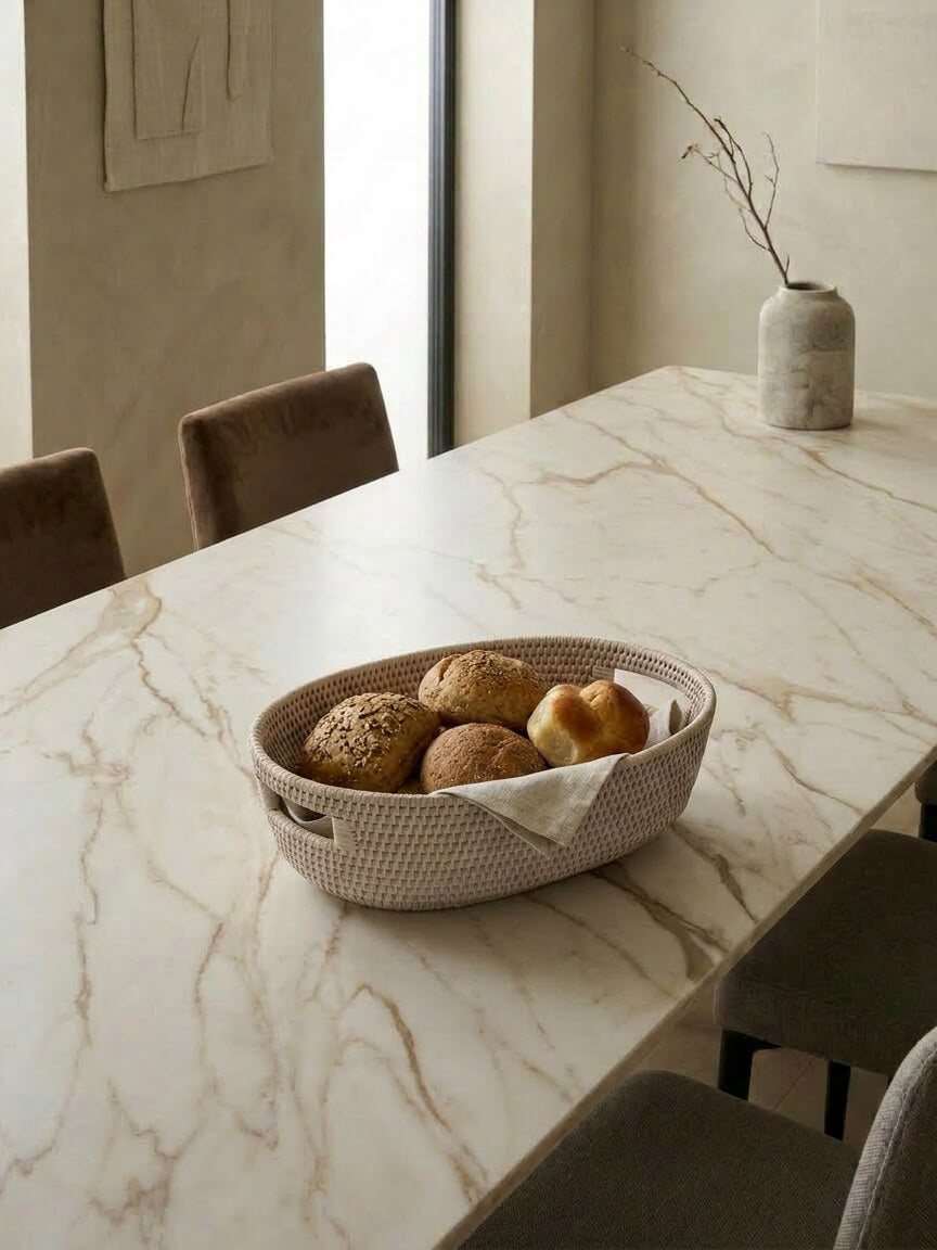Cesta white rattan basket styled on marble dining table with bread rolls, woven serving basket neutral kitchen and dining decor UK