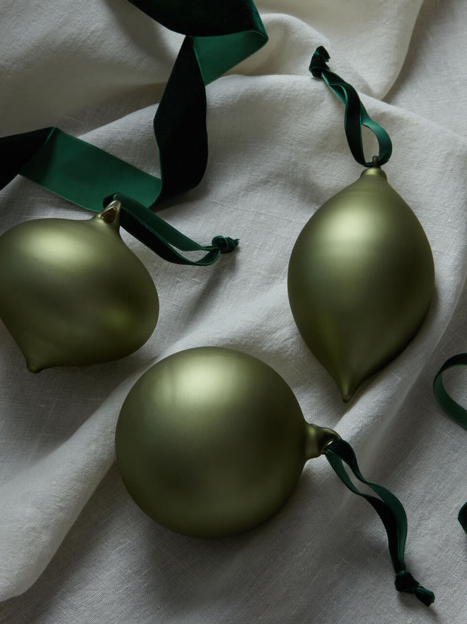 Frosted Green Glass Baubles - Set of 3