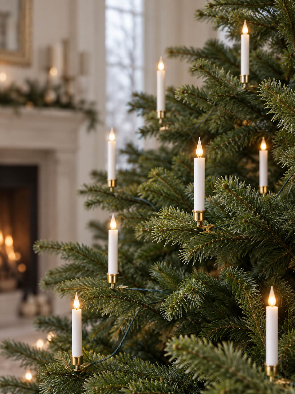 White candle string lights with gold bases and glowing warm white LED flames, shown hanging on a green Christmas tree in a softly blurred indoor holiday setting.
