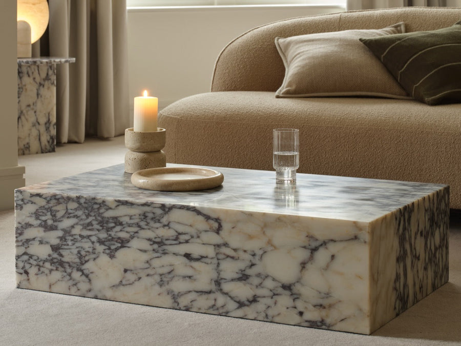 Layered Lounge marble coffee table in a warm living space