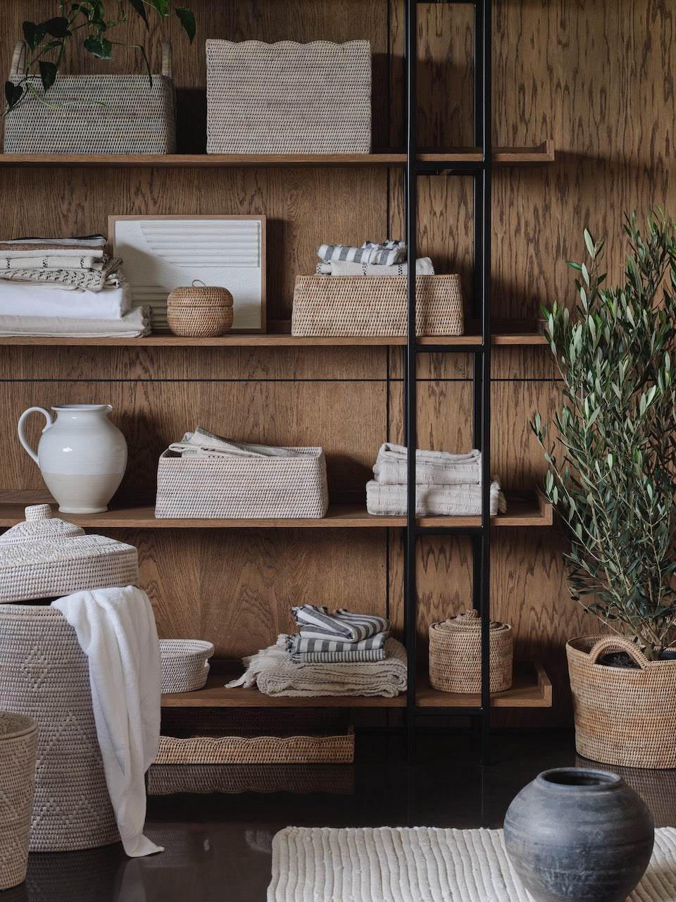 Woven rattan baskets in a calm interior