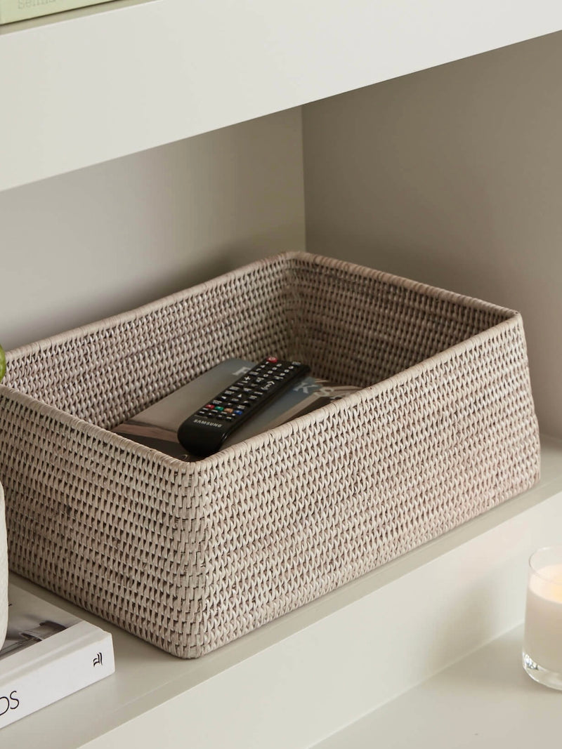 Blair white rattan shelf basket close up, handwoven natural rattan storage box for shelves and cupboards, durable rectangular organiser 
