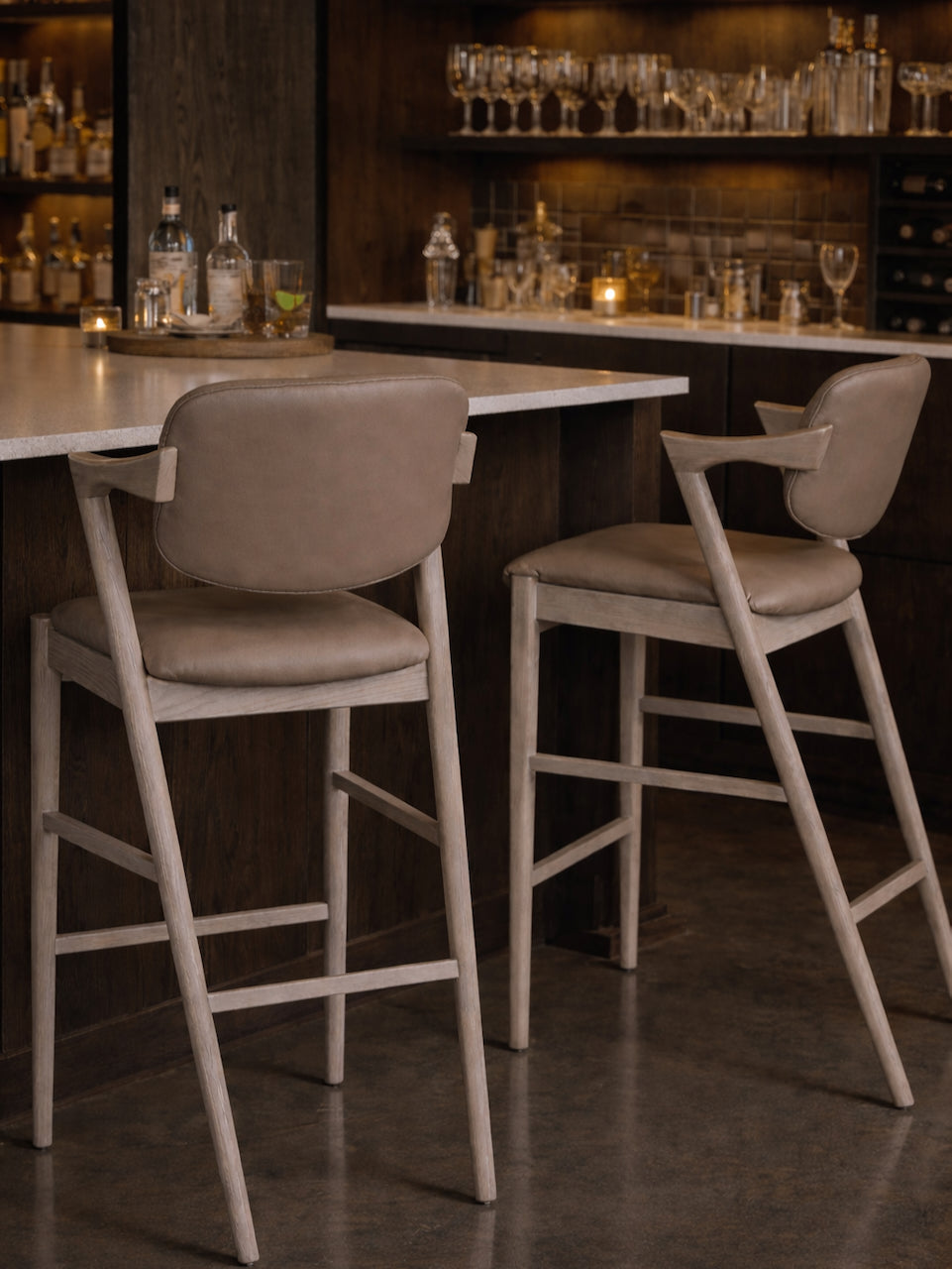 Hoxton Bar Stool - Grey Wood - Faux Leather Taupe