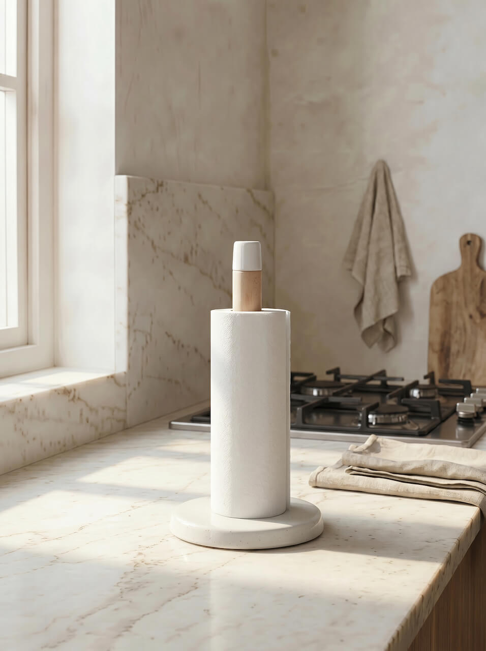 Wood & ceramic kitchen roll holder on a kitchen counter with a window and stove in the background