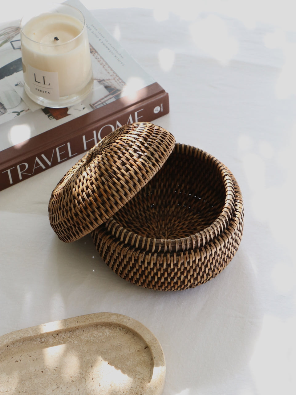 Ely Round Rattan Storage Box - Antique Brown - Small