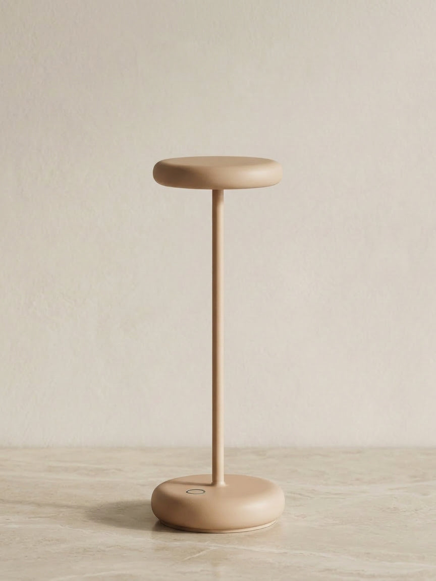 Rechargeable table lamp in sand finish with minimalist mushroom design, cordless LED lamp for bedside, coffee table or ambient lighting