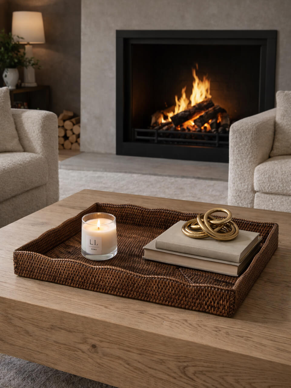 Rhu scallop edged rattan tray in antique brown styled on a coffee table with candle and books in a warm neutral living room