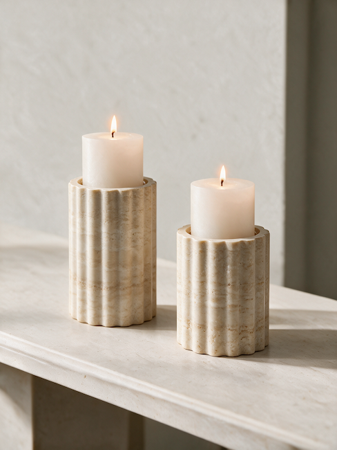 Two cream-colored fluted stone candle holders with lit white pillar candles, set on a light marble surface against a textured neutral wall.