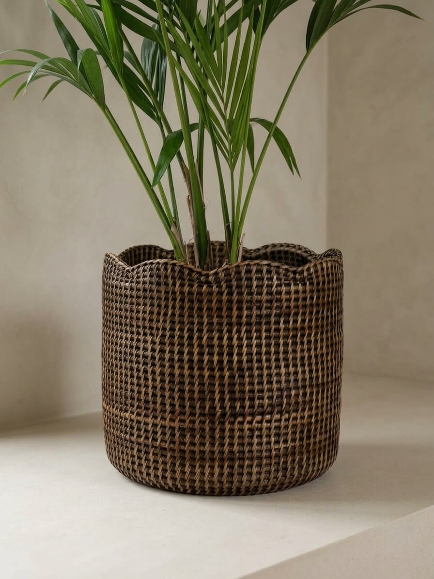 Skye small rattan planter antique brown close-up showing handwoven texture and scalloped edge detail, decorative indoor plant pot woven natural material UK