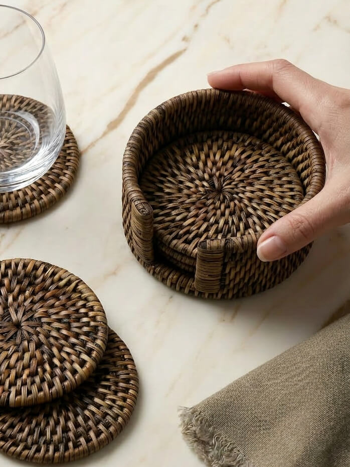 Antique brown Iona rattan coaster set with holder and hand detail on marble surface, woven coasters UK home styling