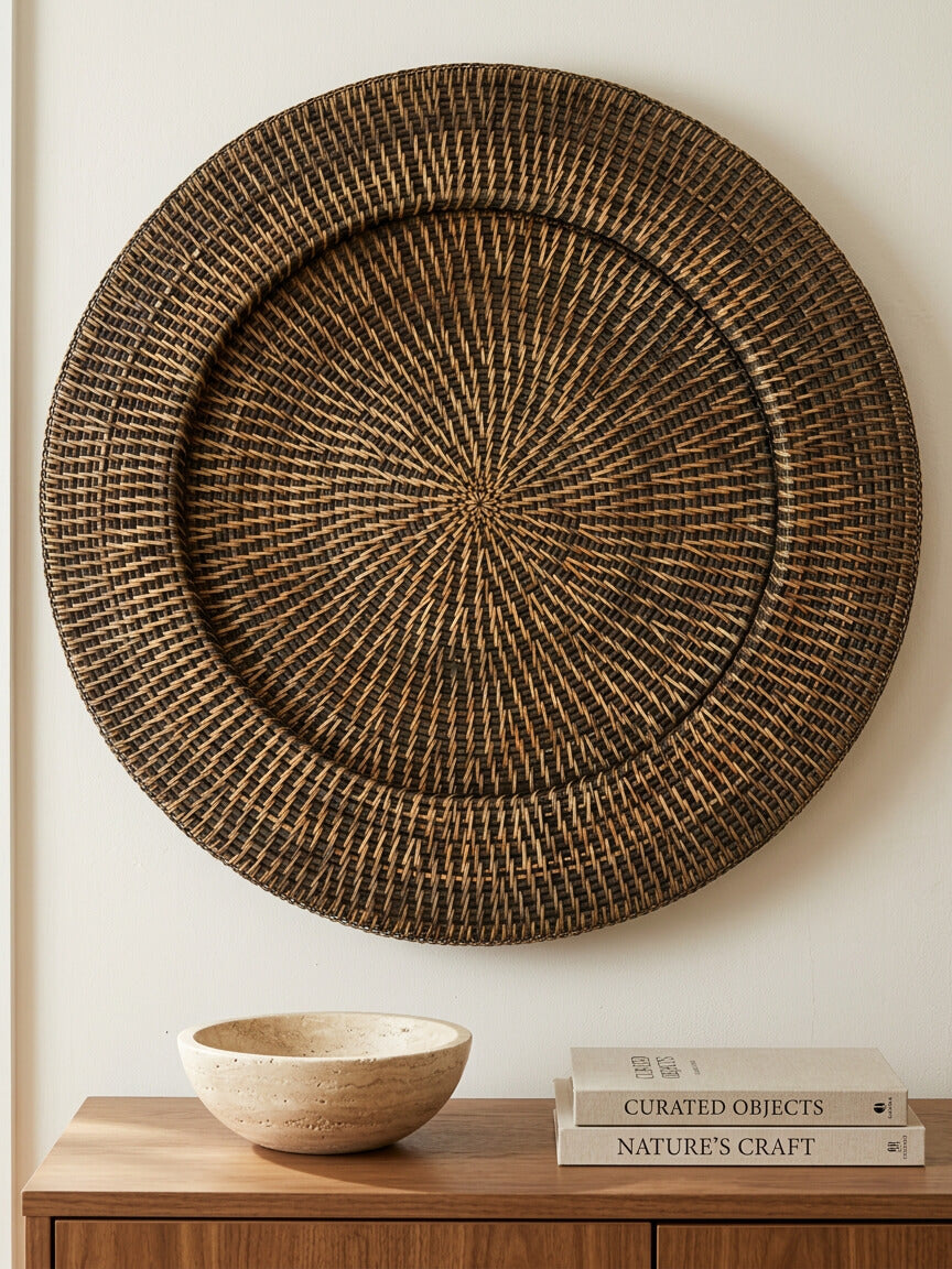 Ratho large antique brown rattan wall hanging styled above wooden console with candles, books and marble tray in neutral interior