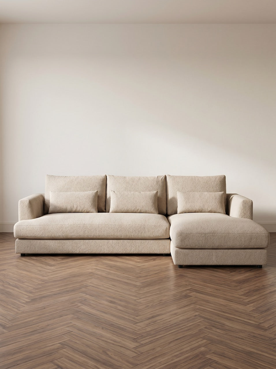 Beige modern sofa in a bright minimalist living space