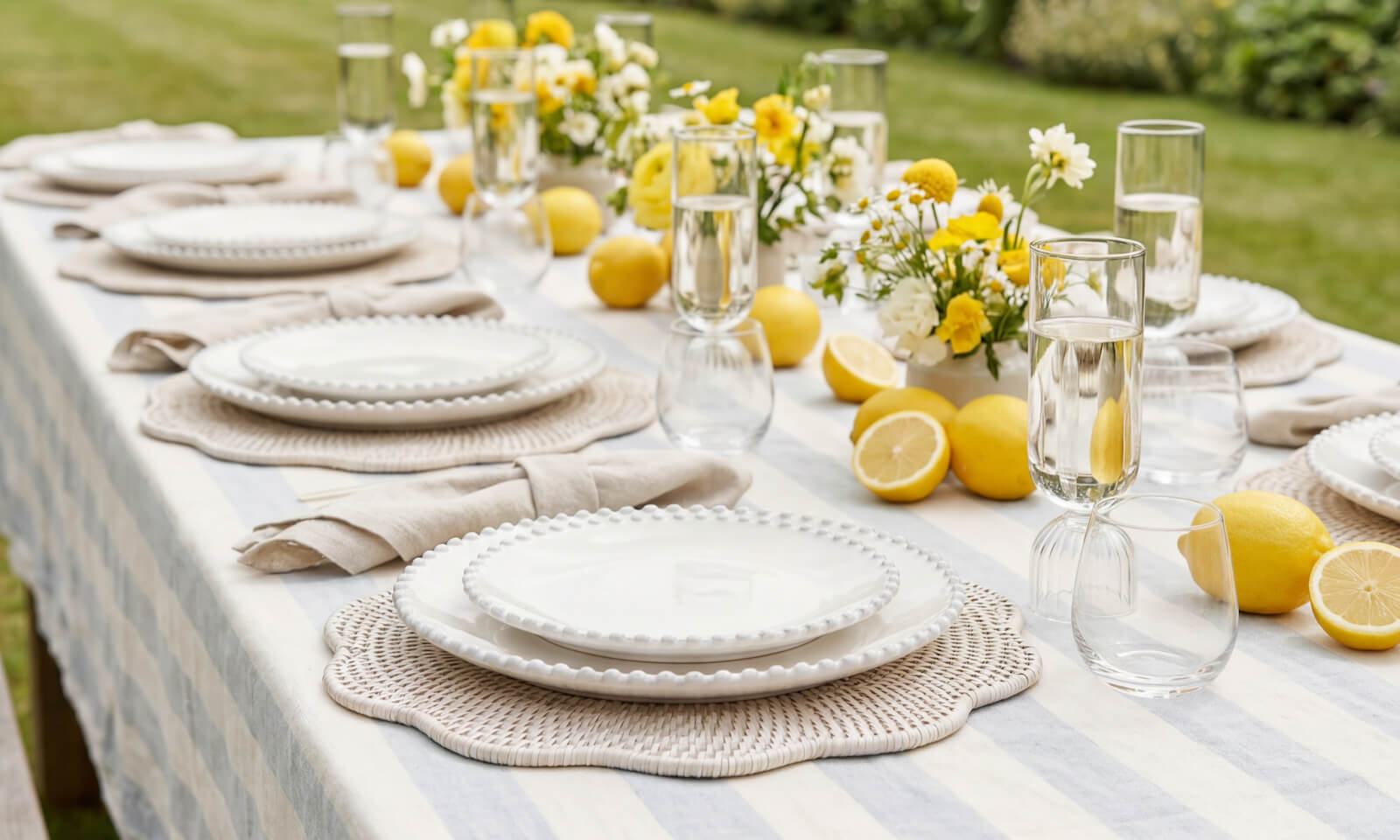 Outdoor table setting with white plates, lemons, and flowers on a striped tablecloth.